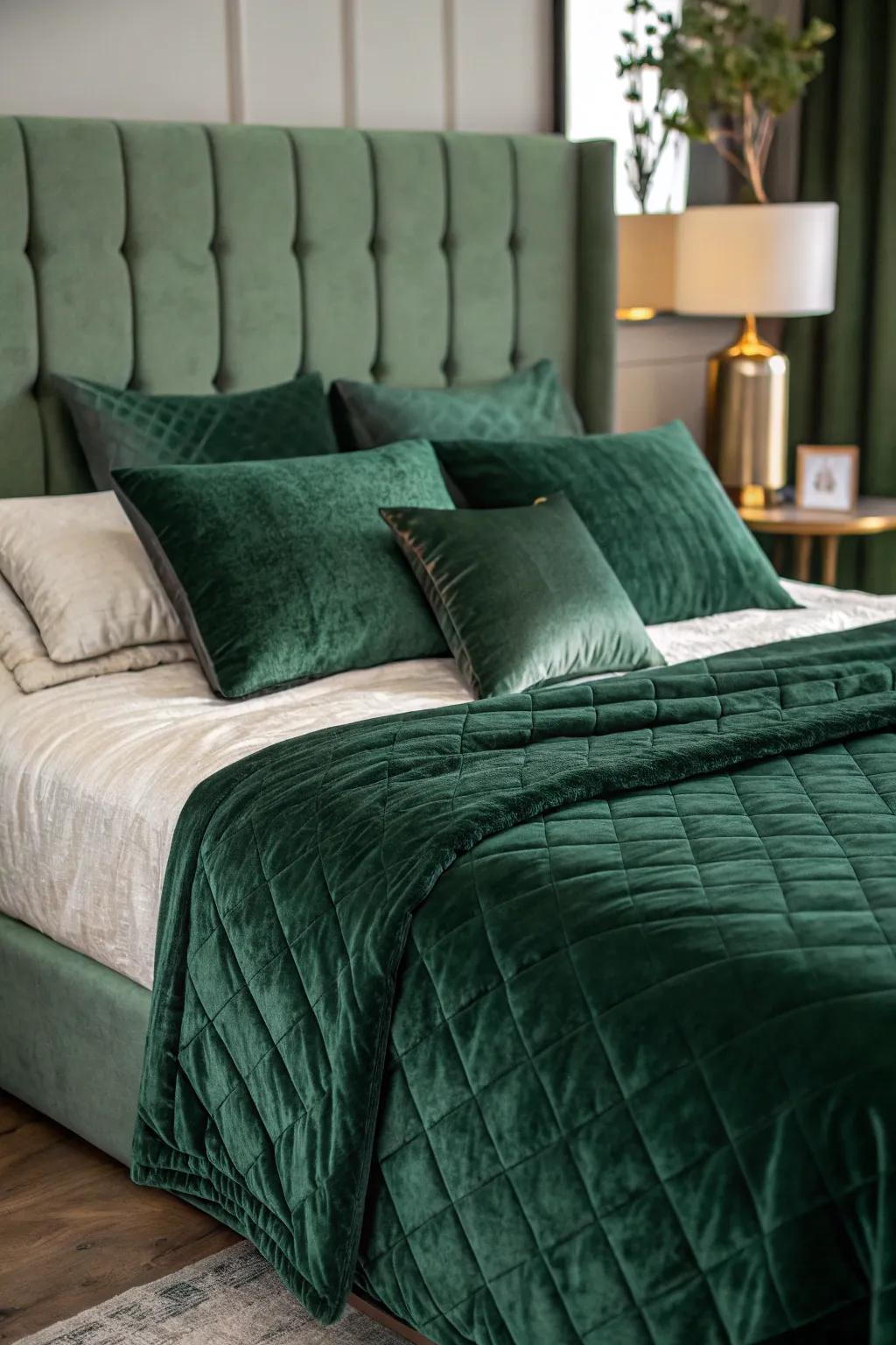 Velvet bedding brings a dash of opulence to a forest green room.