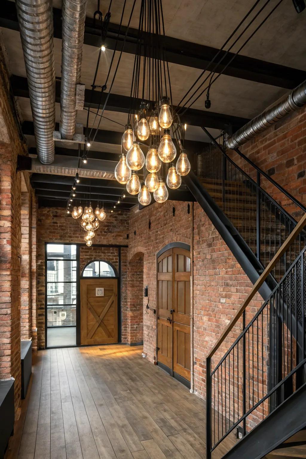 Uncovered bulbs impart an industrial charm to this welcoming foyer.