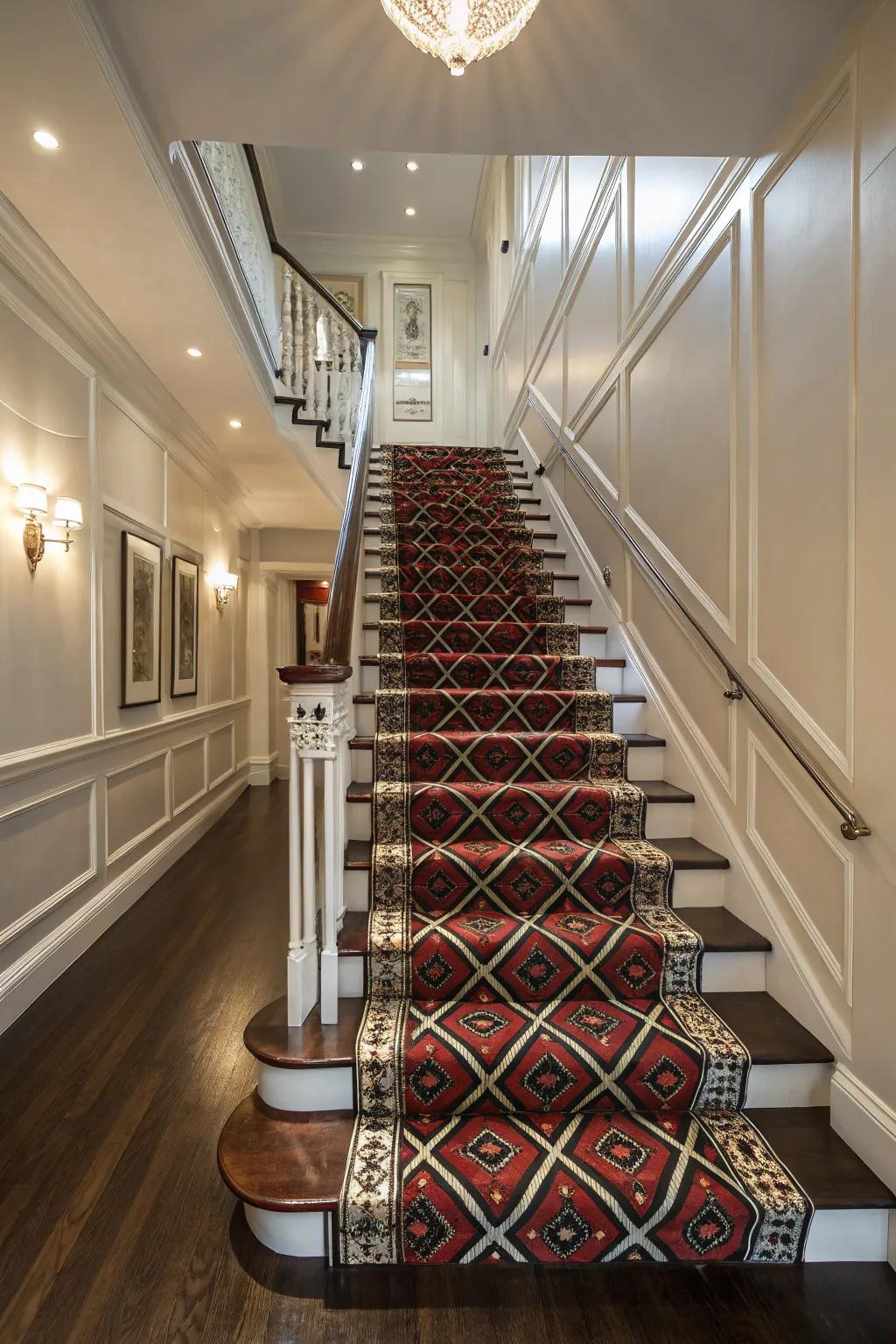 A stair runner with visual texture introduces a focal point in the foyer.