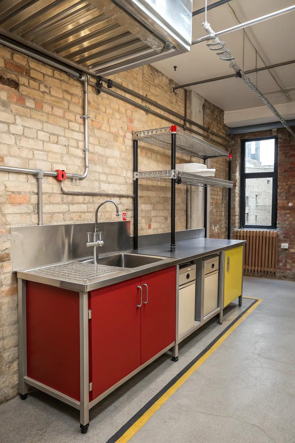 A striking industrial kitchen with a metal-framed stand-alone sink.