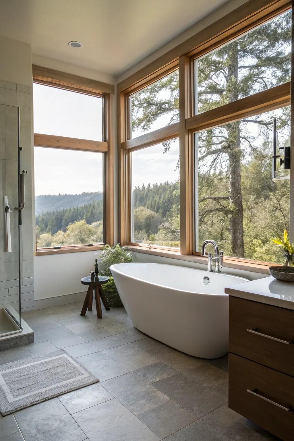 An open-plan bathroom design with sunlight amplifying the detached soaking tub space.