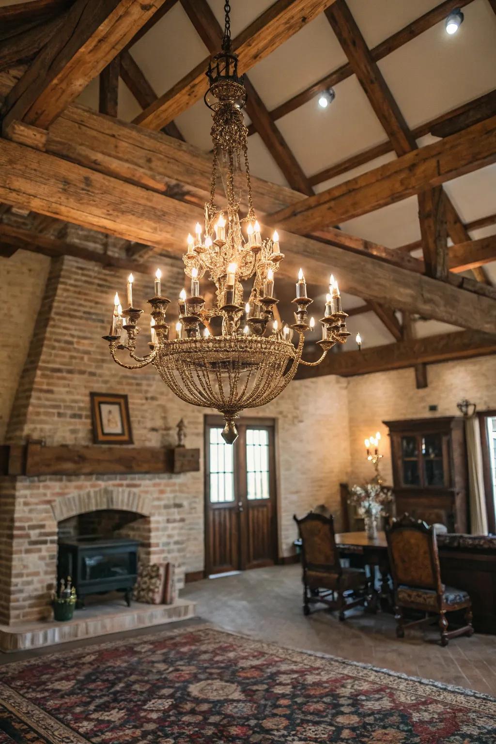 An antique light fixture contributing elegance to a rustic room.