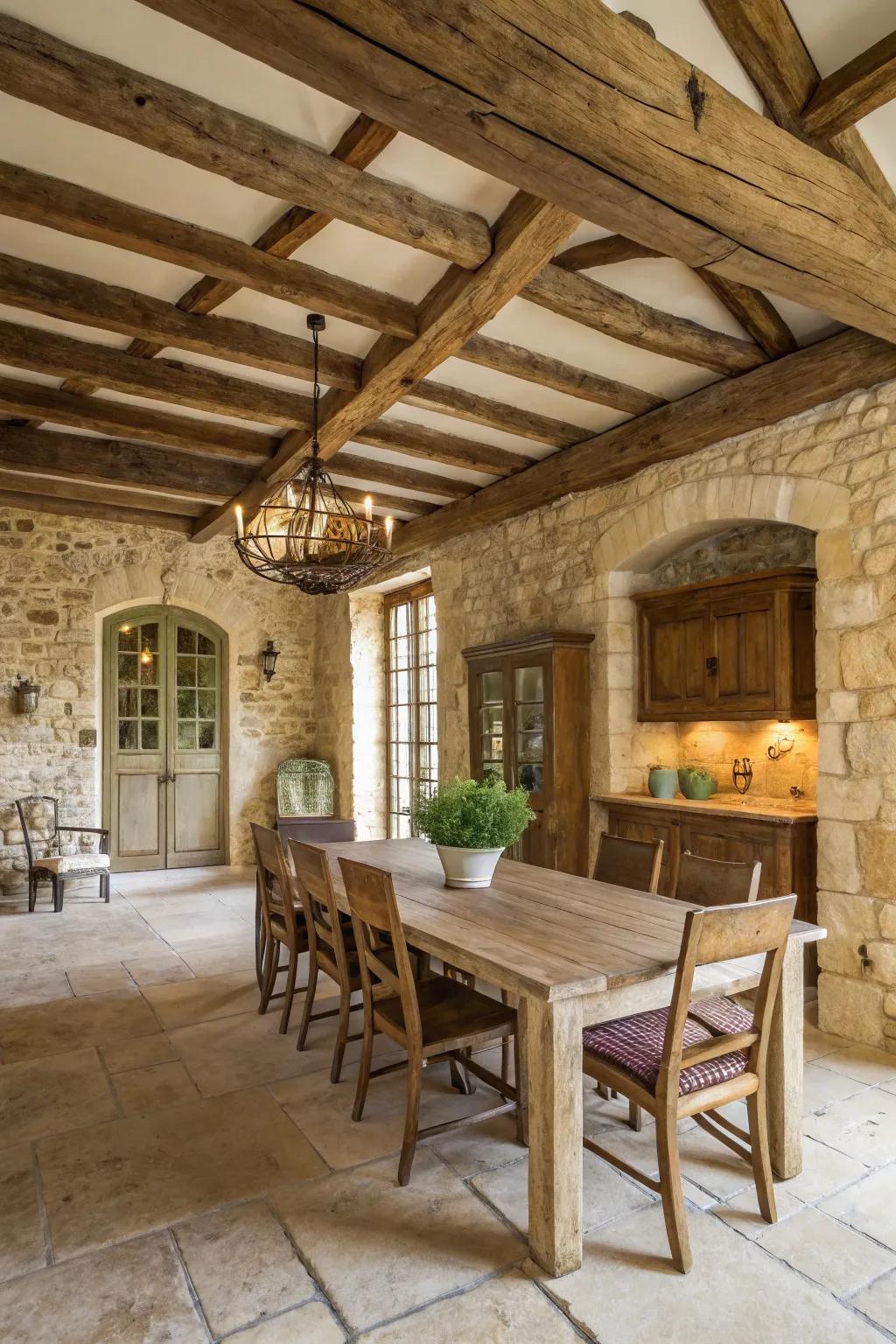 Raw materials fashion a cozy and welcoming dining setting.