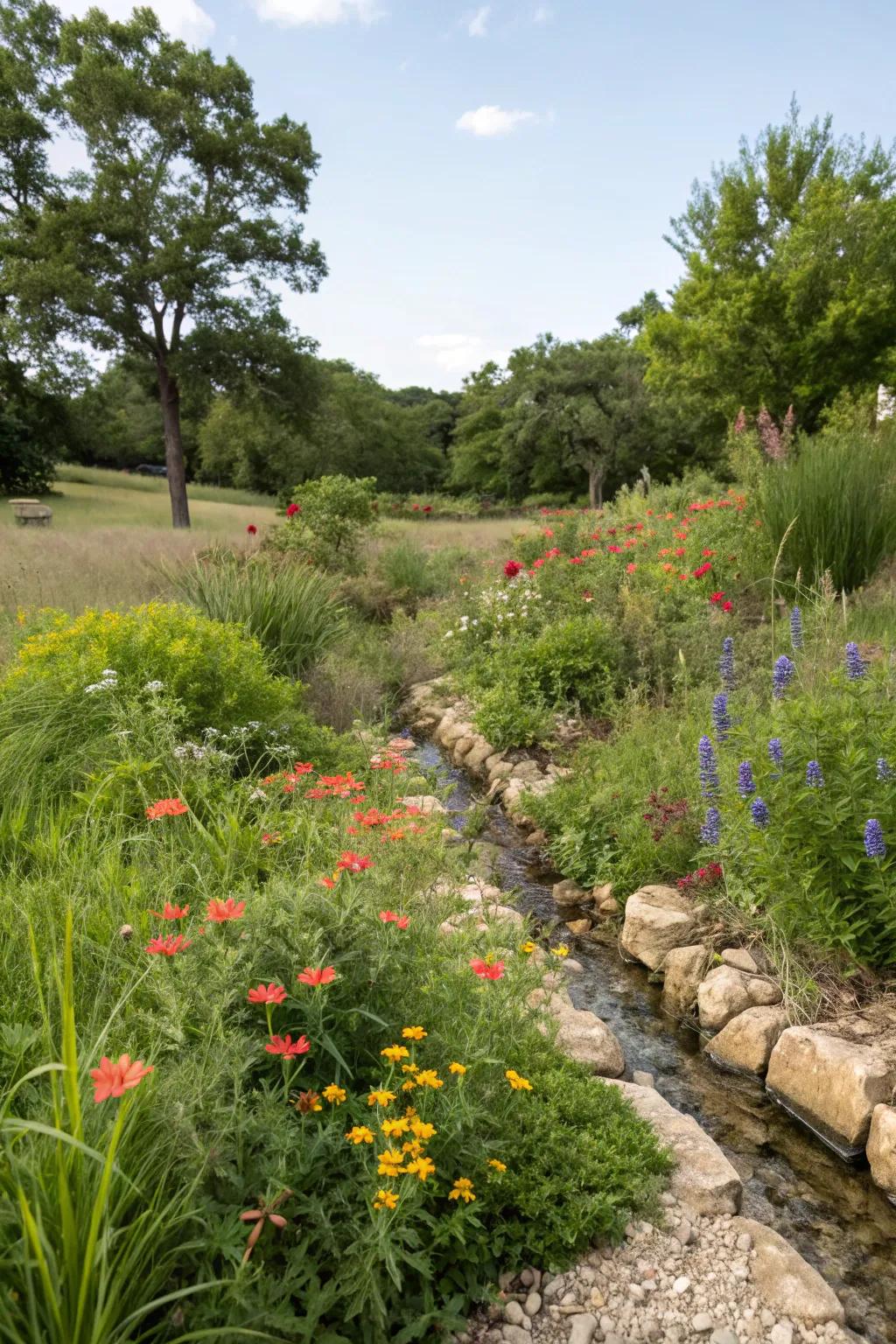 A French drain subtly integrated into a garden of thriving native plants.