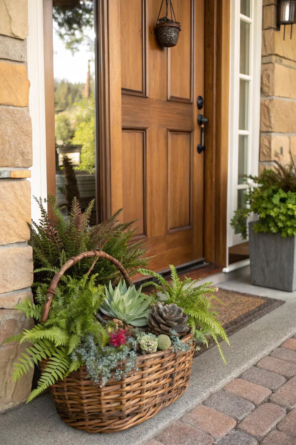 Fleshy plants and feather ferns impart a modern, equatorial vibe to your portal.