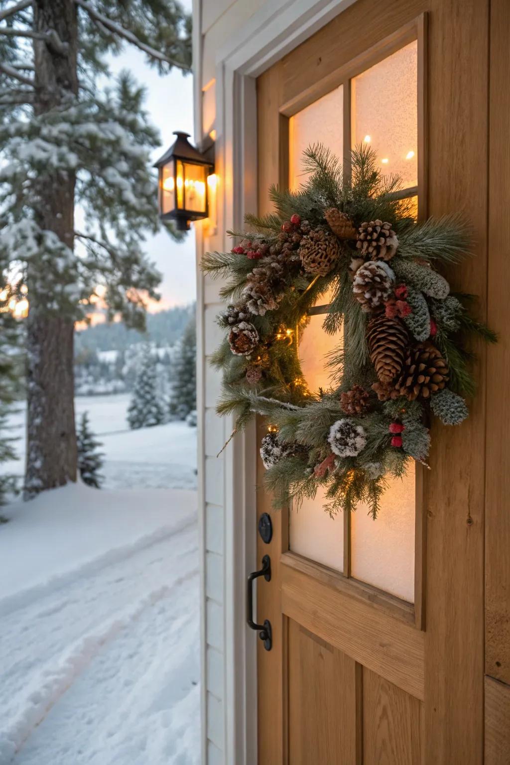 Earthy woodland cone touches on a front door circle.