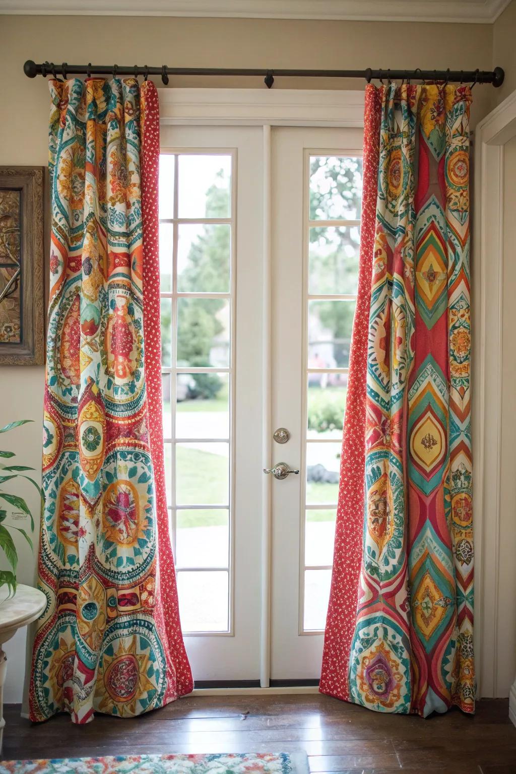 Decorative curtains introducing a burst of character to a front door.