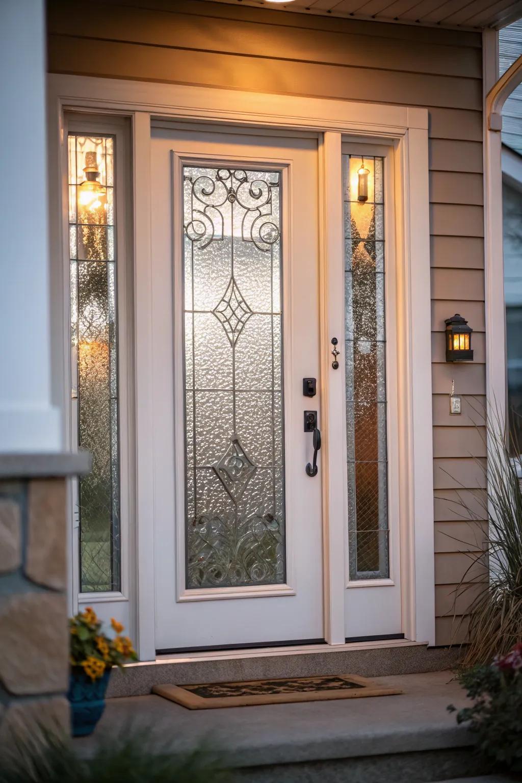 A doorway boasting layered glass for both privacy and flair.