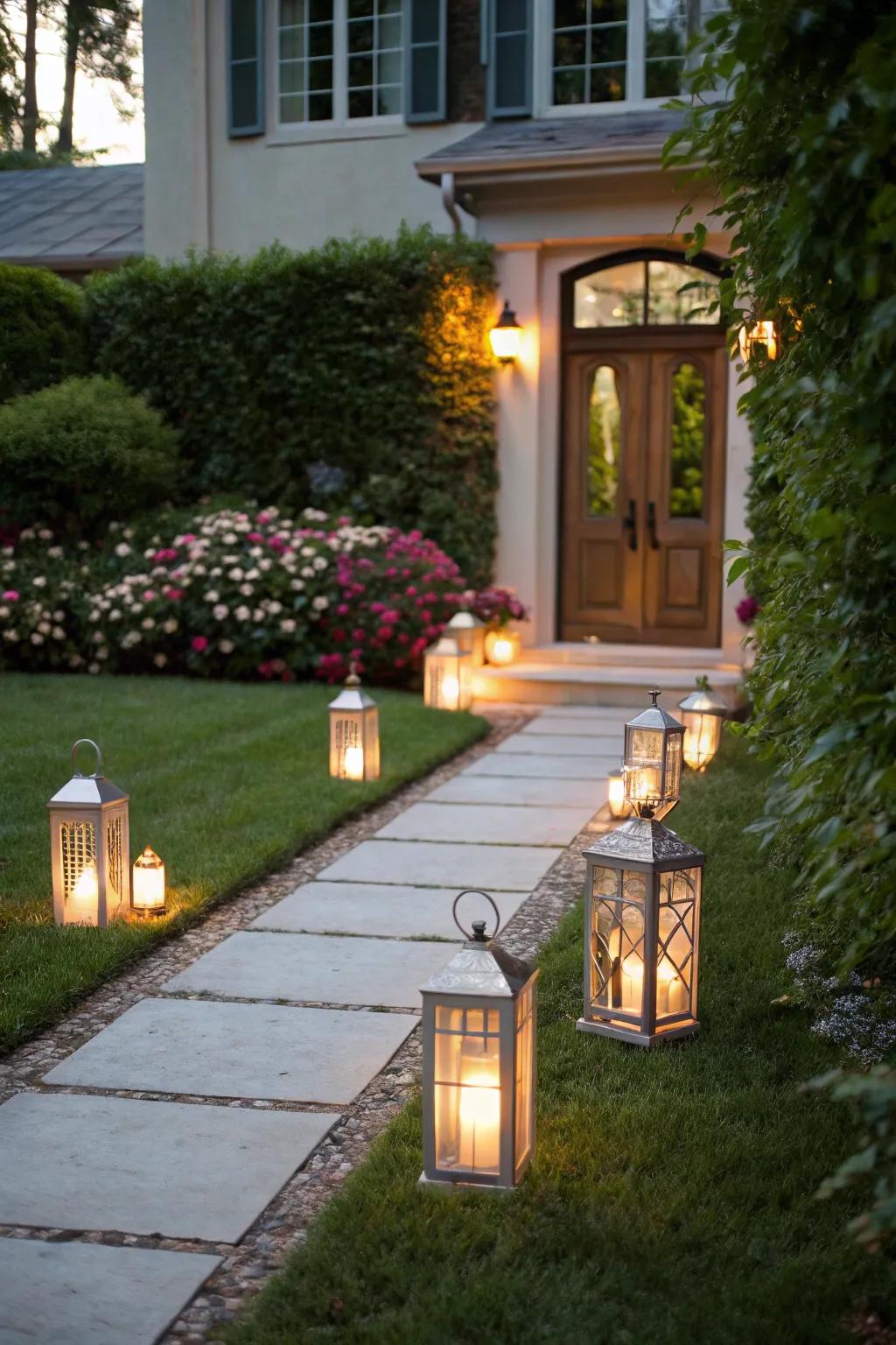 Lamps light up the trail, contributing coziness and charm to your wedding's entrance.