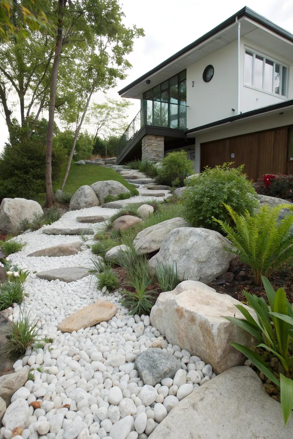 Incorporate depth into your garden using tiered ivory stones.