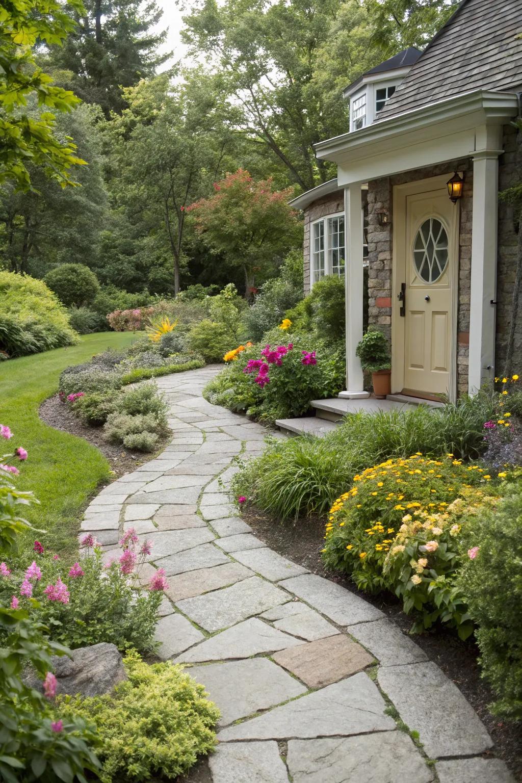 A decorative stone pathway leading to the entrance.