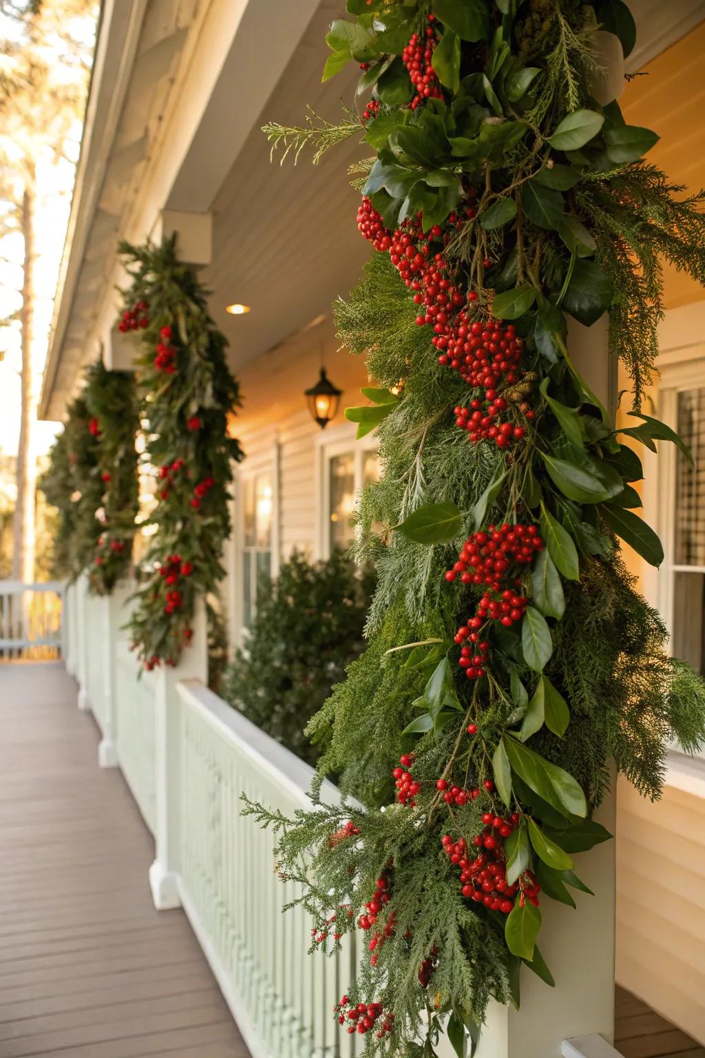Berry garlands provide a lively splash of color.