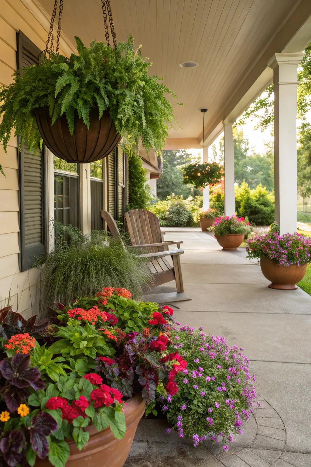 A front porch ornamented with vibrant pots filled with blossoms.