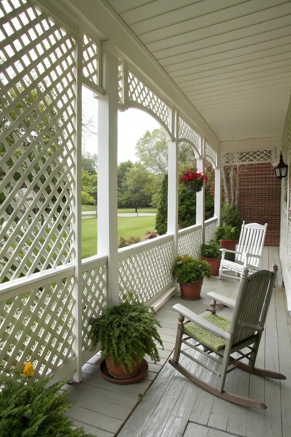 White fretwork frames boosting seclusion and appeal on a front porch.