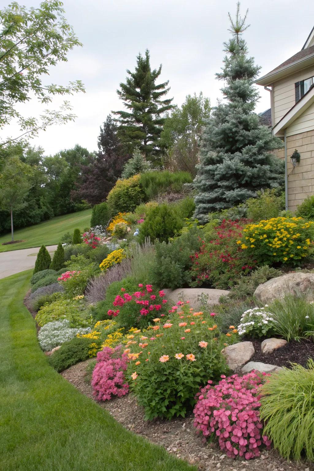 A medley of plants results in a lively and vibrant berm.