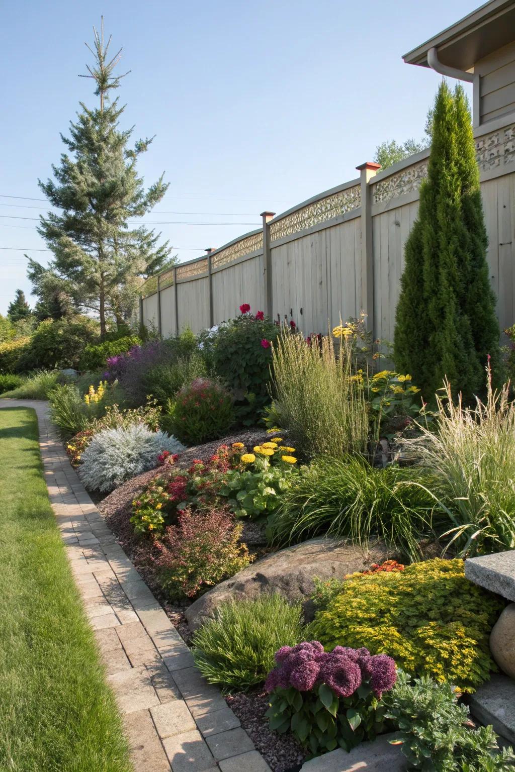 A thoughtfully layered planting scheme enhancing depth in a corner landscape.