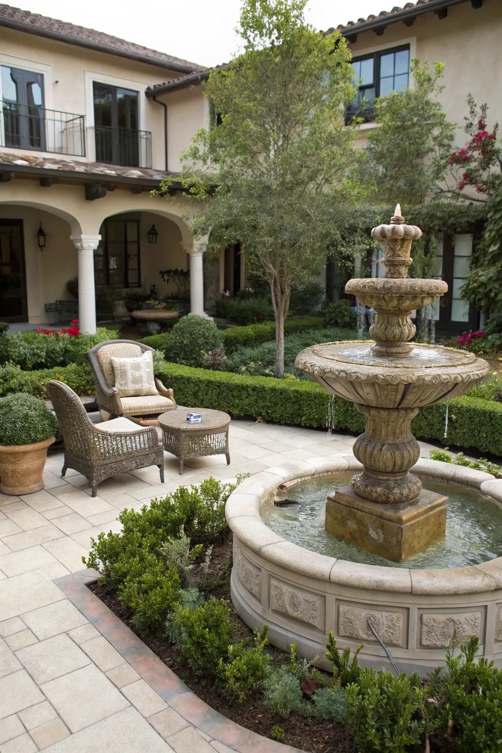 A tranquil water feature adds elegance to a courtyard.