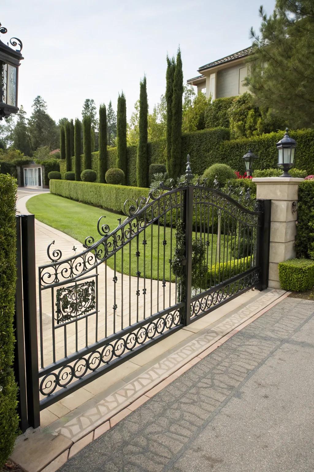 Elegant wrought iron fencing offers both security and aesthetic appeal to this sophisticated driveway.