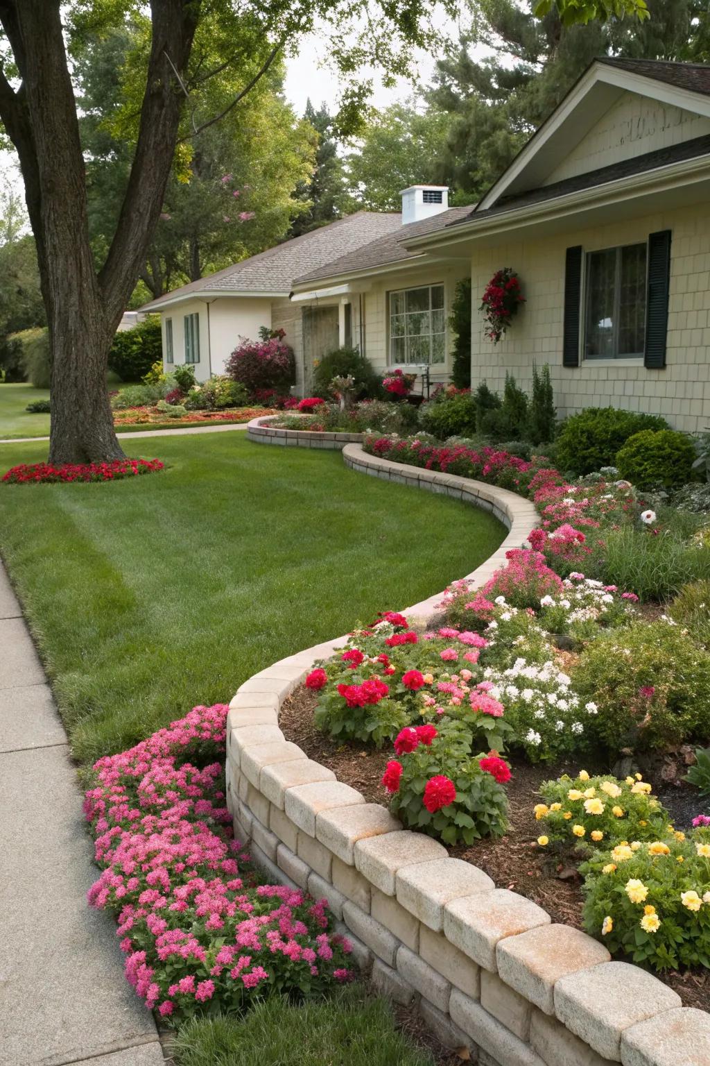 Well-defined borders add structure, beautifully emphasizing the flower beds.