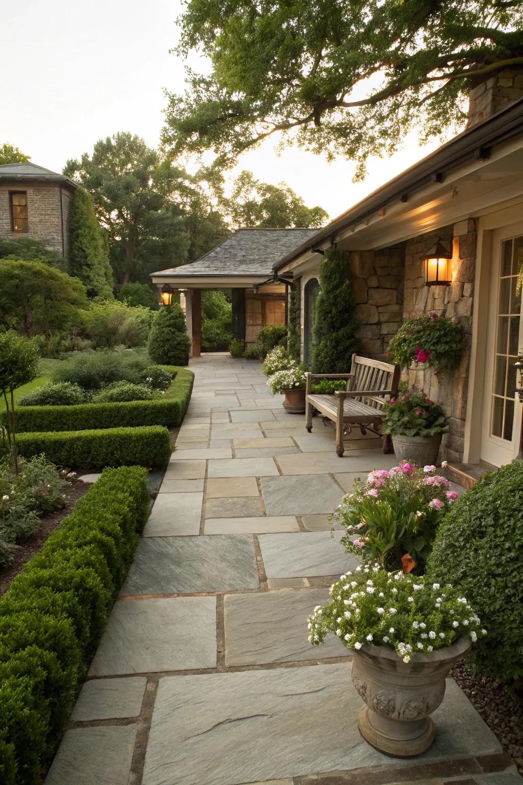 Welcome guests to your front patio with a sophisticated stone path.
