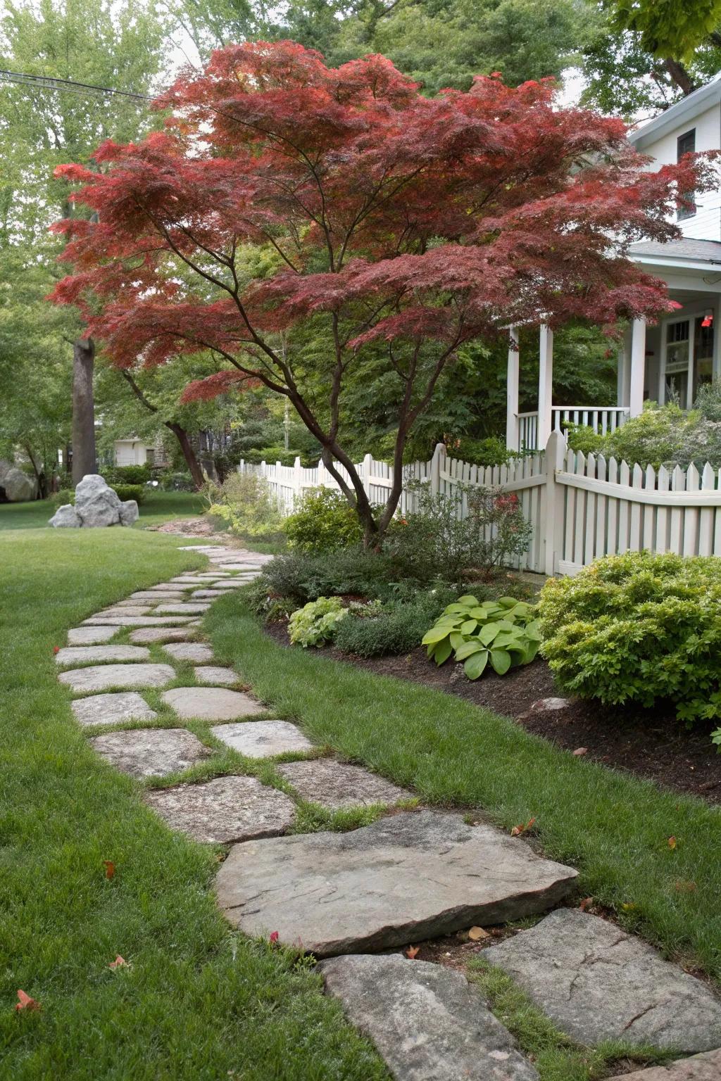 The yard's attractiveness is enhanced by a stone walkway that leads to a magnificent Japanese maple.