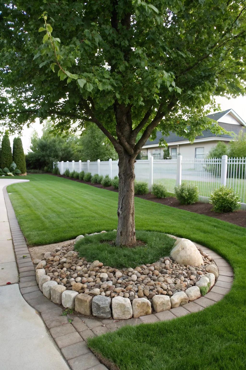 The incorporation of stone and brick edging delivers a traditional touch to the arrangement around trees.