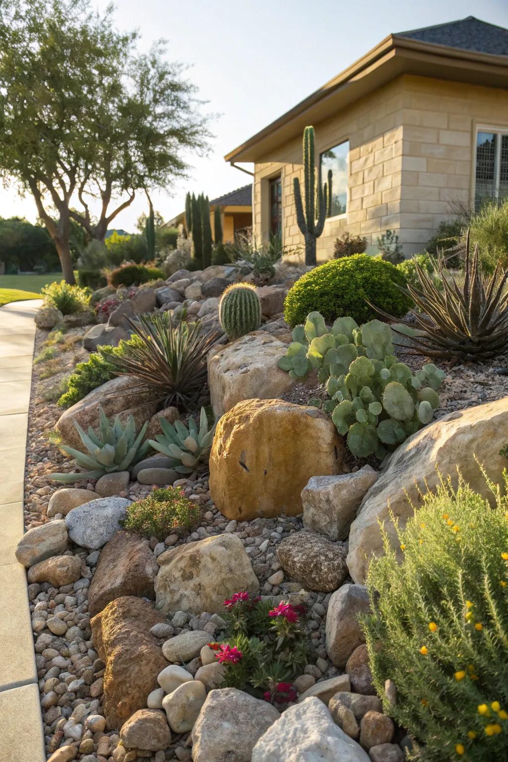 Stonework gardens present tactile depth and visual intrigue.