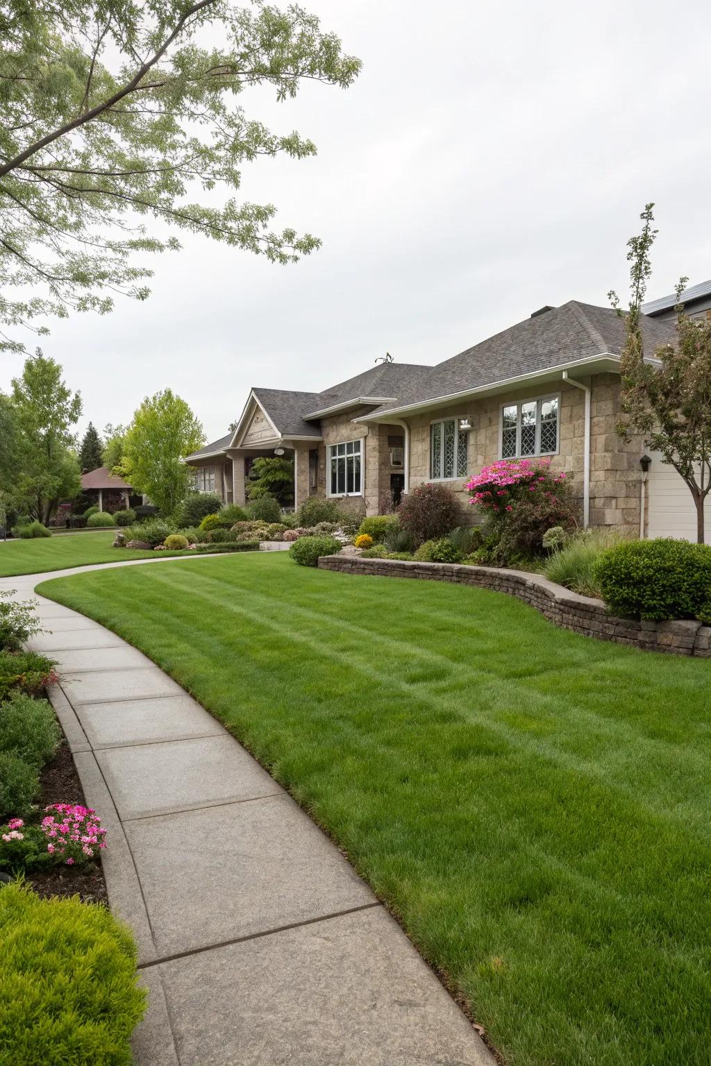A thriving green lawn acts as a tranquil base for yard features.