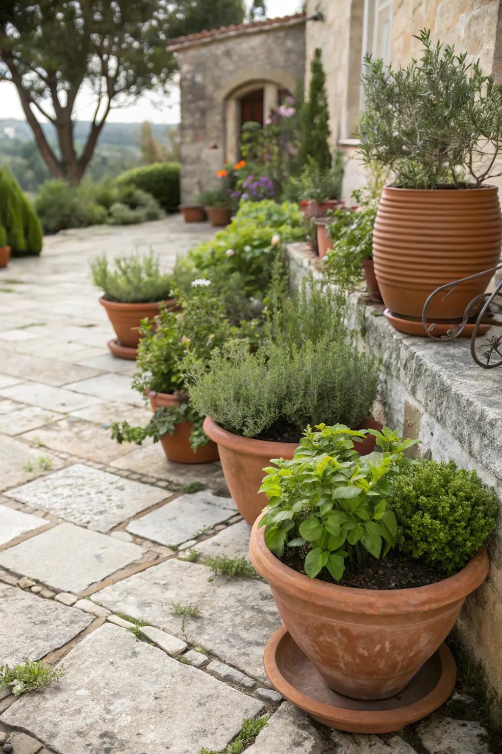 Terracotta pots brimming with lush plants infuse warmth and personality into your front garden.