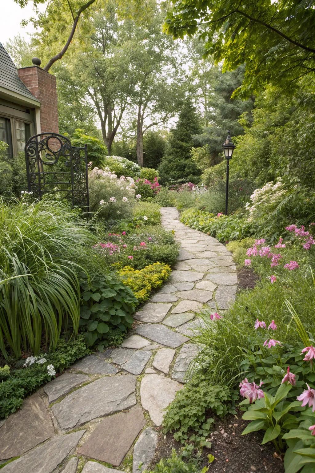 A stone walkway elegantly leads the way through the garden.