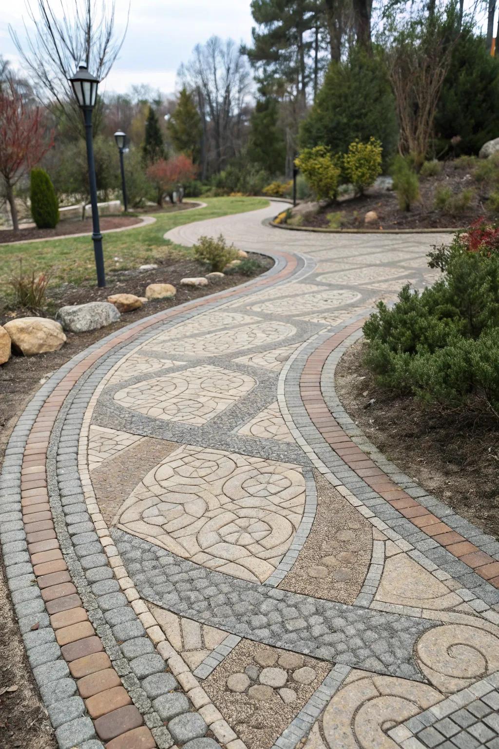 Interlocking pavers add eye-catching patterns for a distinctive walkway.