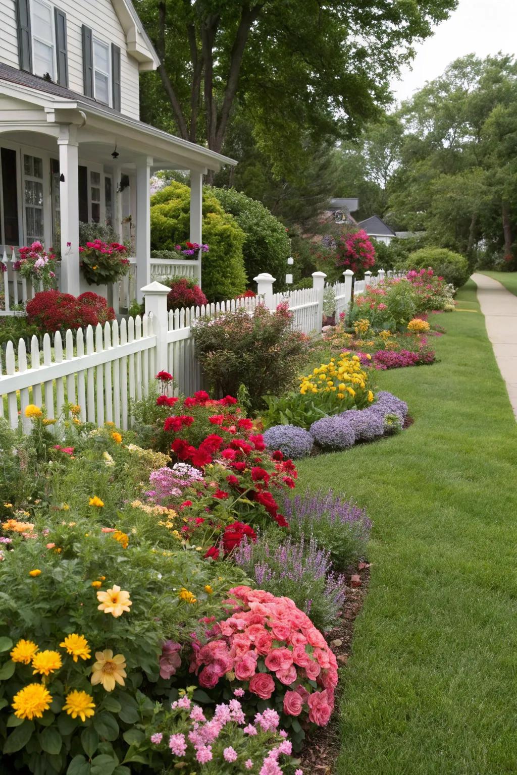 Vibrant plantings bring life to a ranch-style front garden