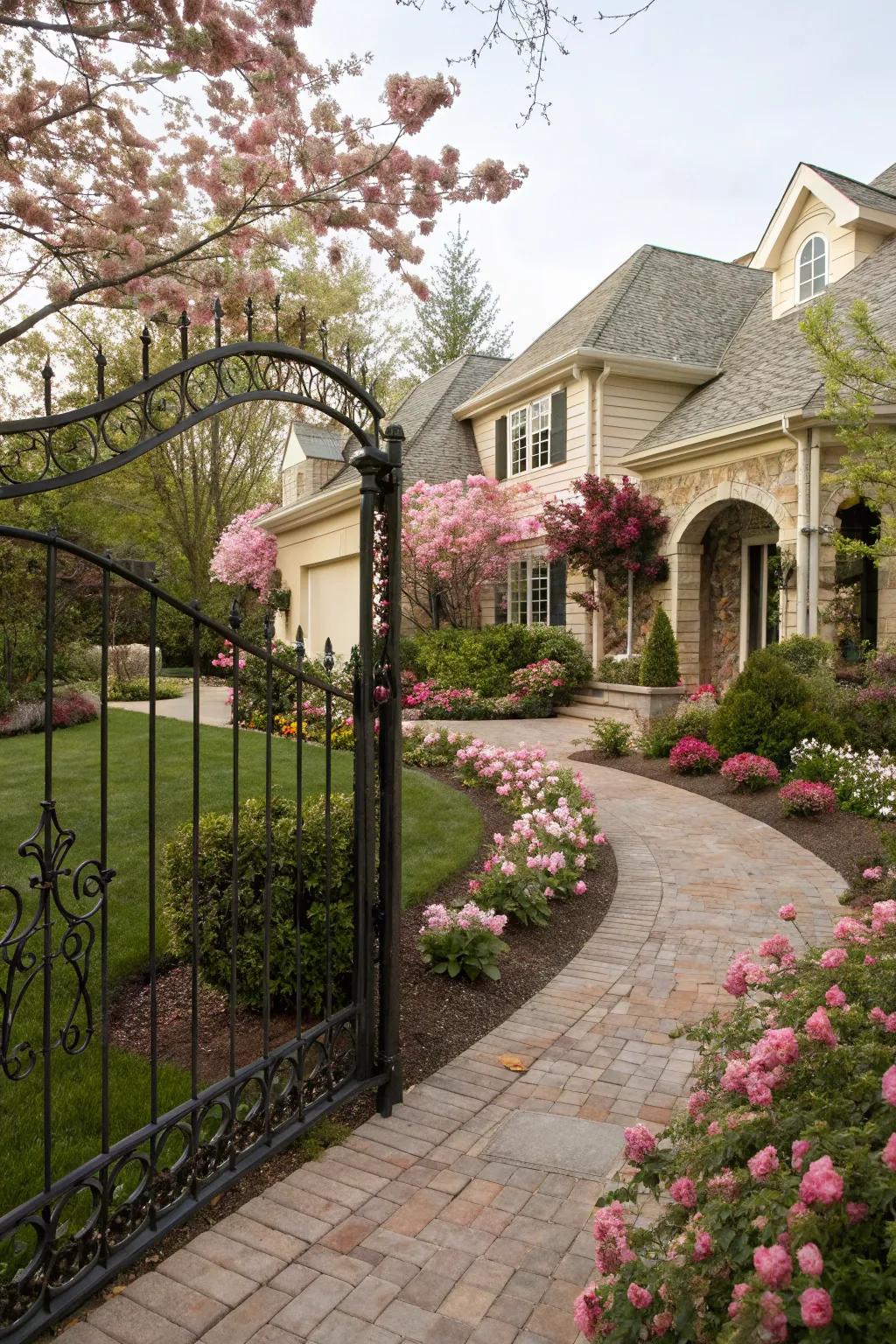 An arched metallic barrier adding elegance to a front yard filled with flowers.
