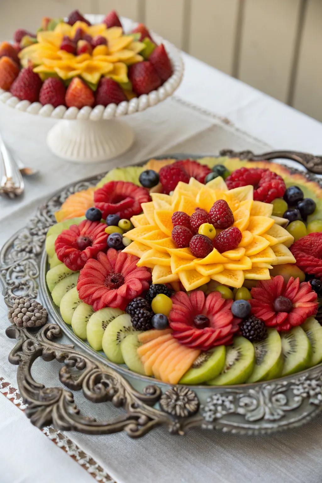 Floral weaves made with fruits create a visually stunning focal point.