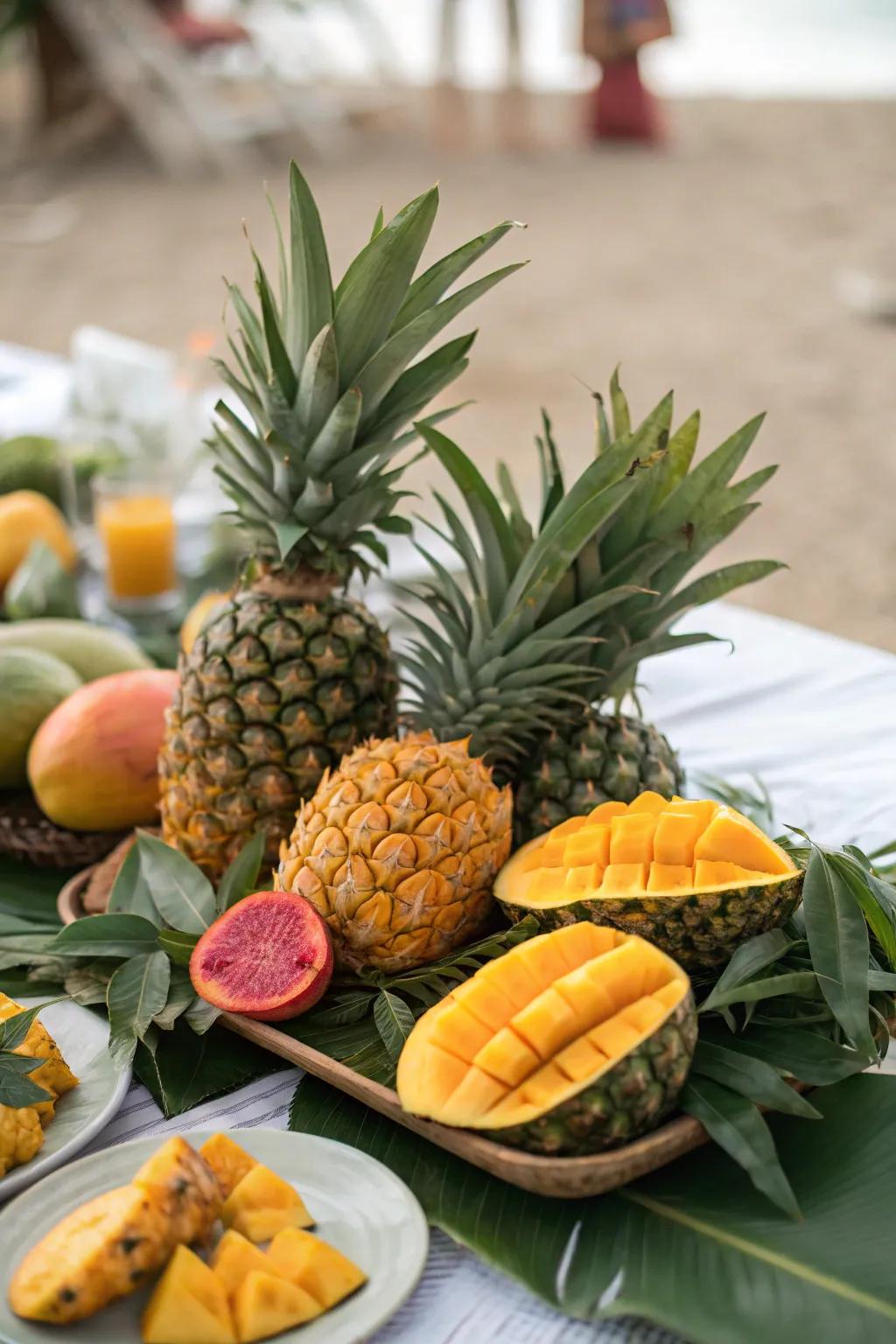 A tropical island-themed fruit table for a taste of summer.