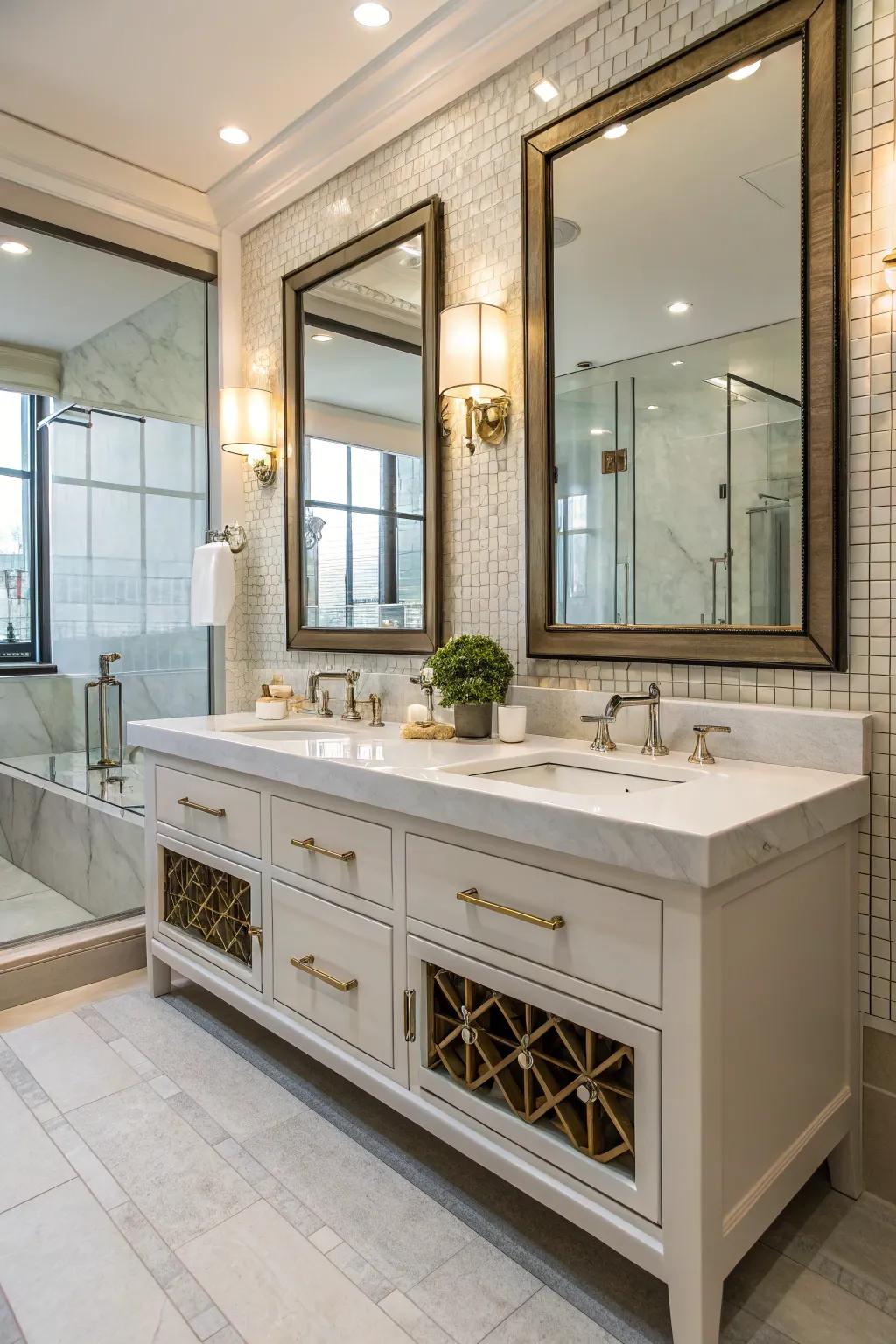 This sleek double vanity combines practicality with style.