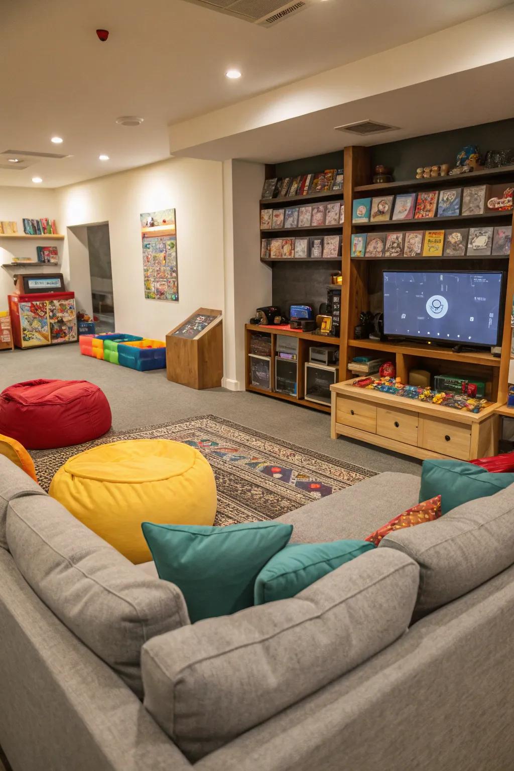 A comfortable game room with a wide selection of seating choices.