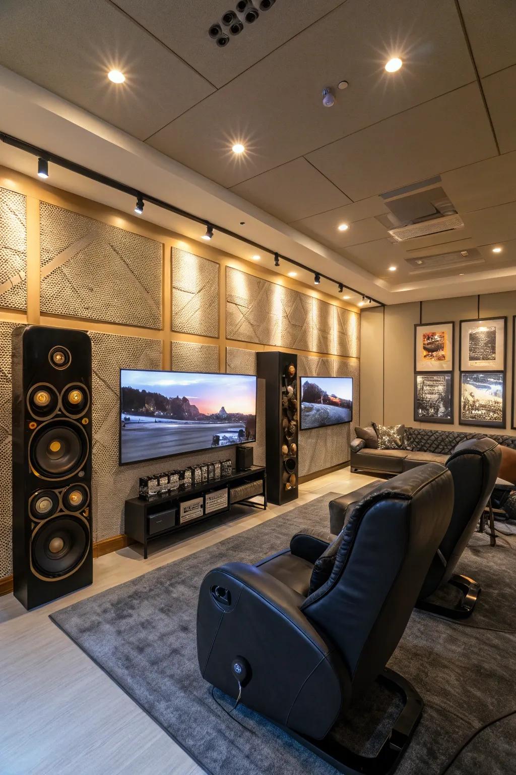 A holistic sound setup enhancing the engrossing gaming adventure in a fashionable area.