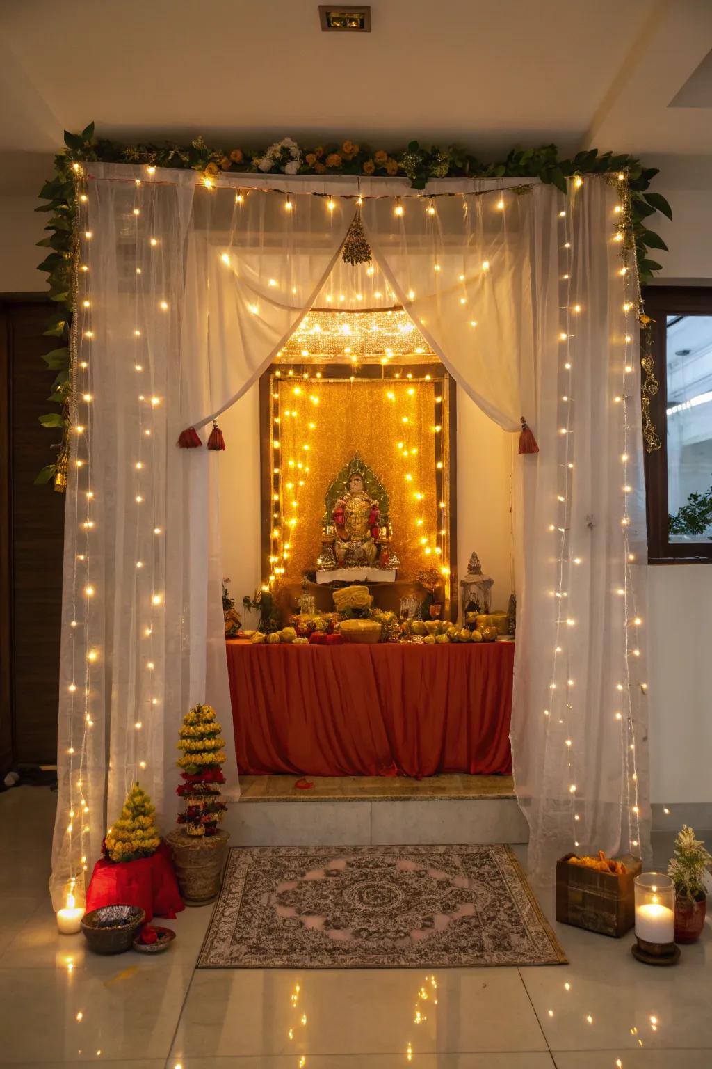 Sparkling lights adding an enchanting radiance over the Ganpati altar.