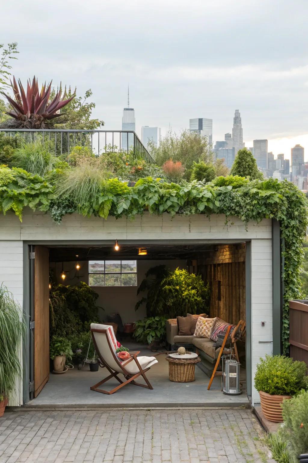 A garage enhanced with a vibrant rooftop garden.