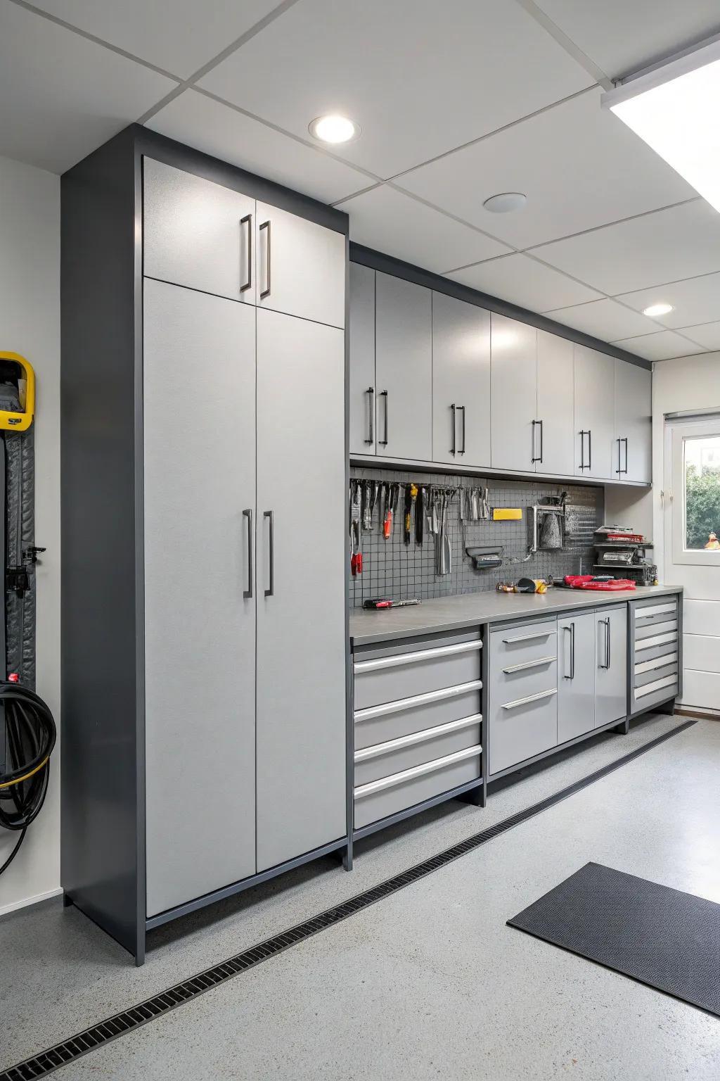 A contemporary garage featuring gentle slate cabinets for a soothing ambiance.