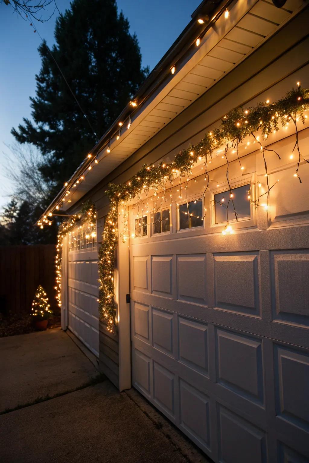Garage door aglow with shimmering Christmas lights.
