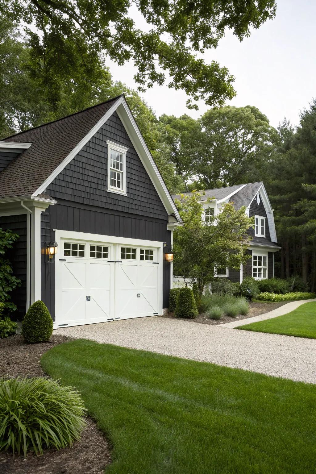 Pristine white garage entrances deliver a refreshing and tidy aesthetic.