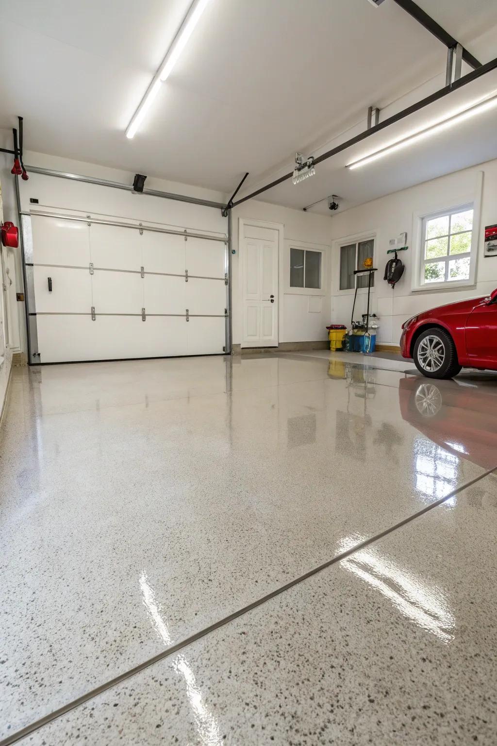 Epoxy flooring gives the garage a polished and refined look.