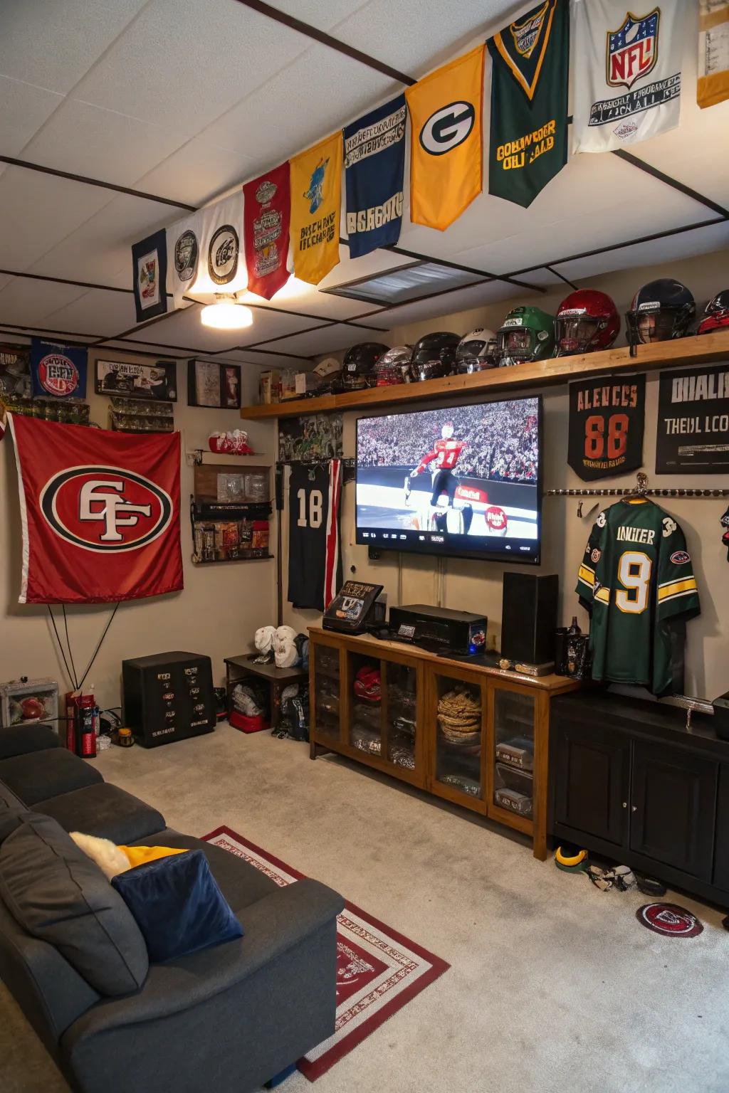 A sports devotee's ideal setup in a garage man cave.