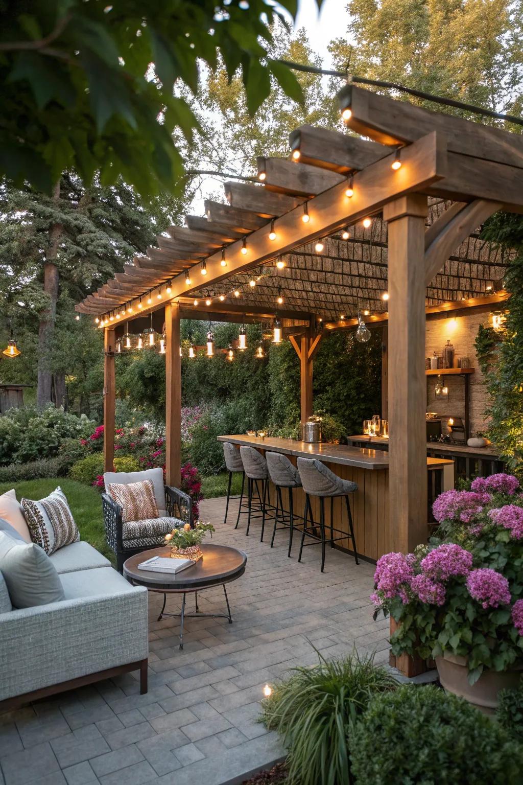 A captivating garden bar sheltered by a pergola.