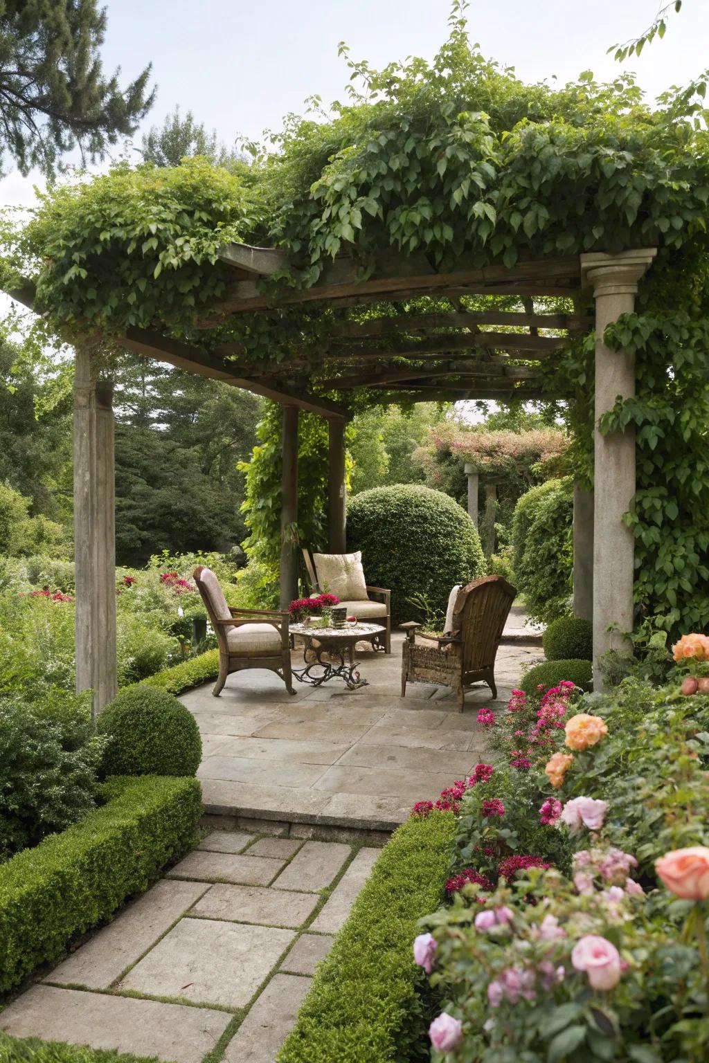A pergola covered in trailing greenery, offering shade and sophistication to a garden lounging space.