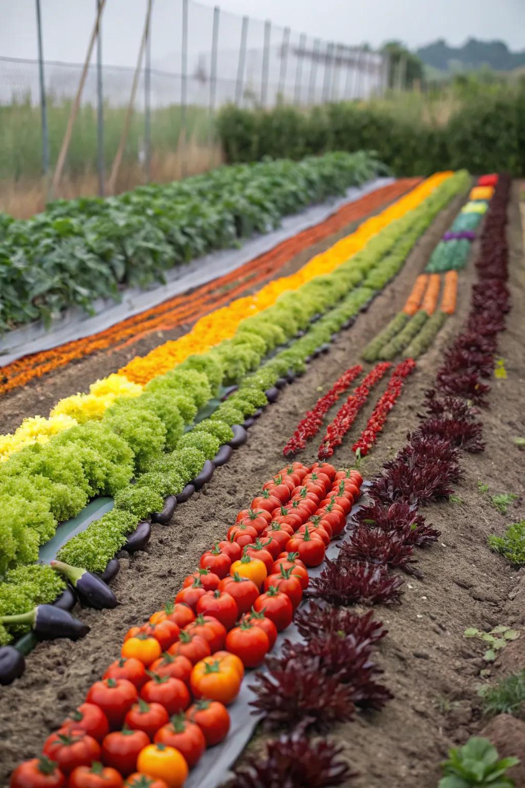 A garden plot presenting veggies arranged in a stunning color spectrum.