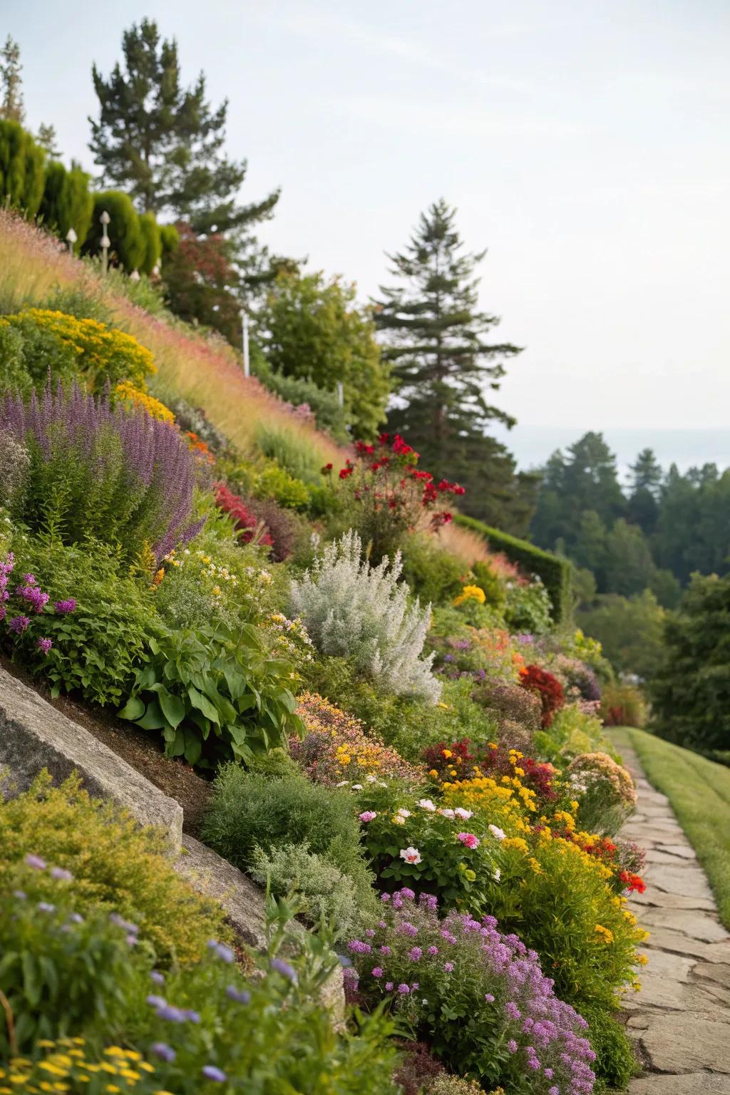 Layered planting adds dimension and charm to a sloped garden.