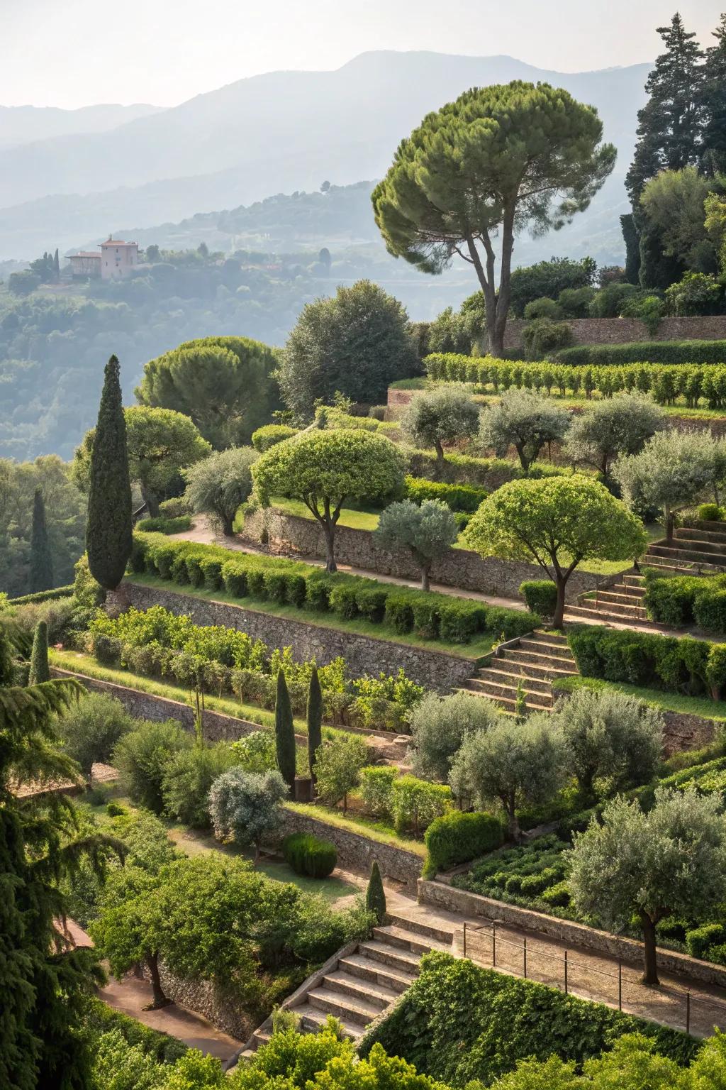 Trees serve as captivating focal points in terraced garden beds.
